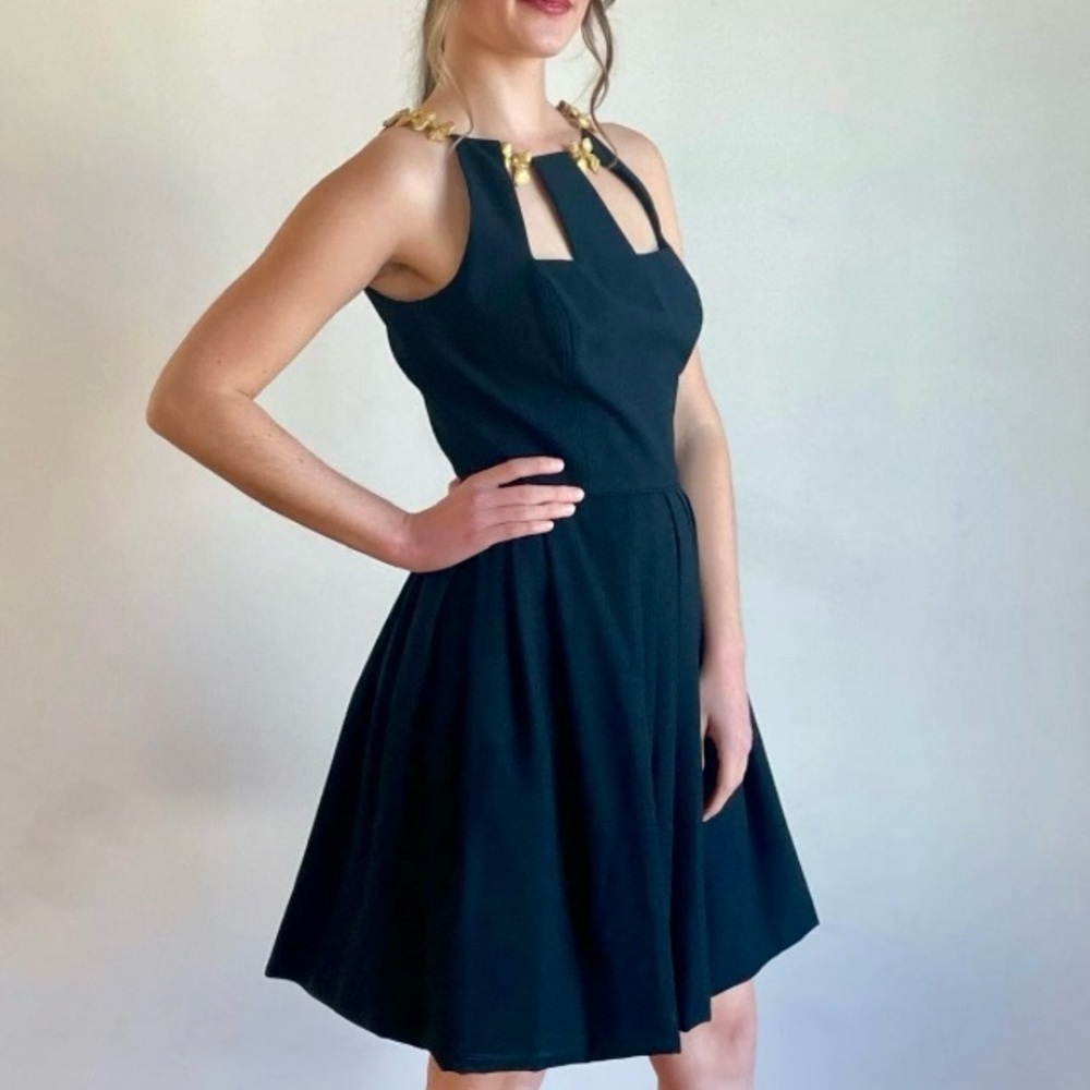 A.J. Bari Vintage Black Mini Dress Fit Flare Cage Cutout Gold Bow Detail 4 NWT